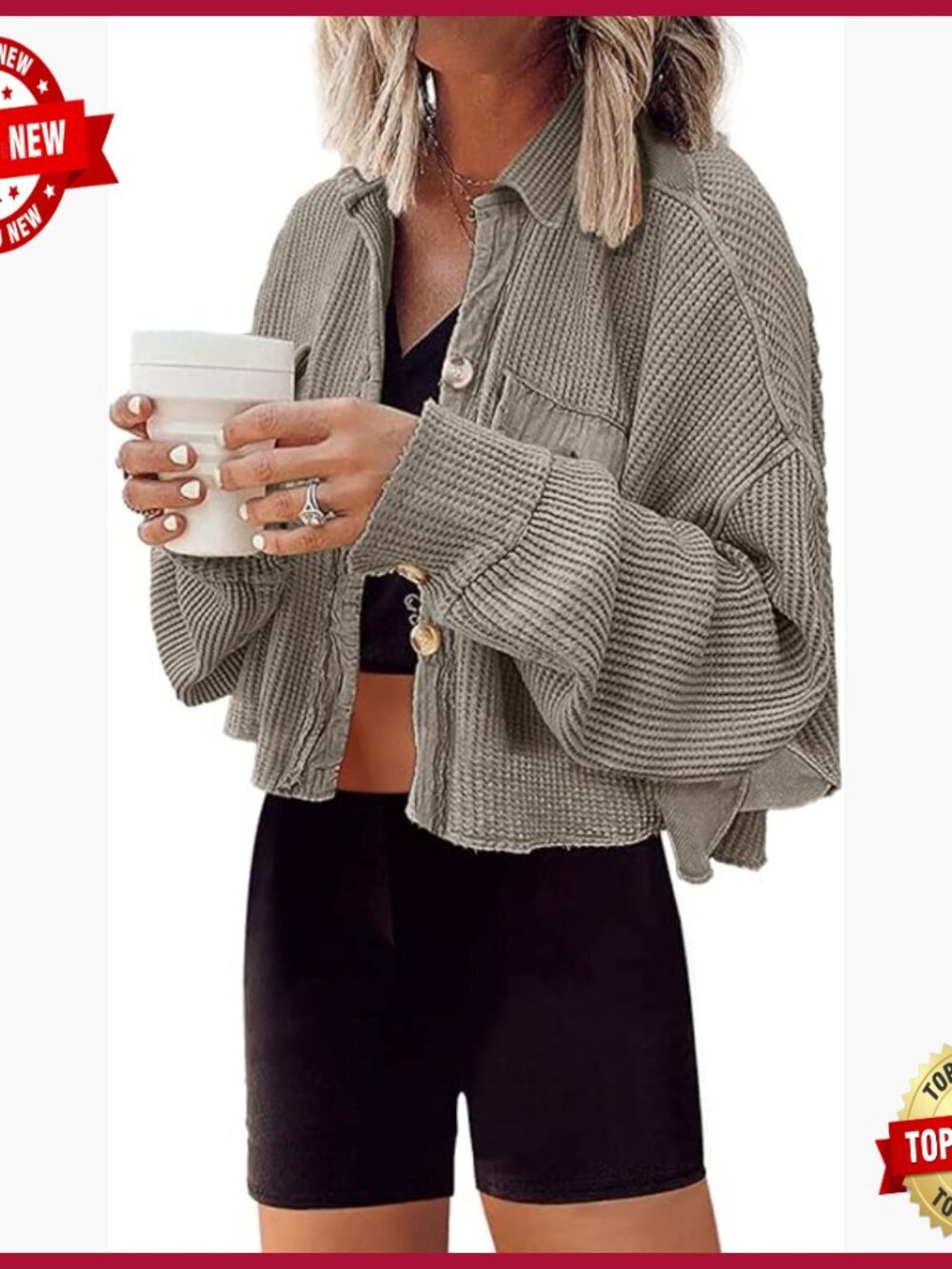 Cropped Waffle Knit Shacket Batwing Sleeve Button Down Jacket with Pocket - Picture 1 of 6